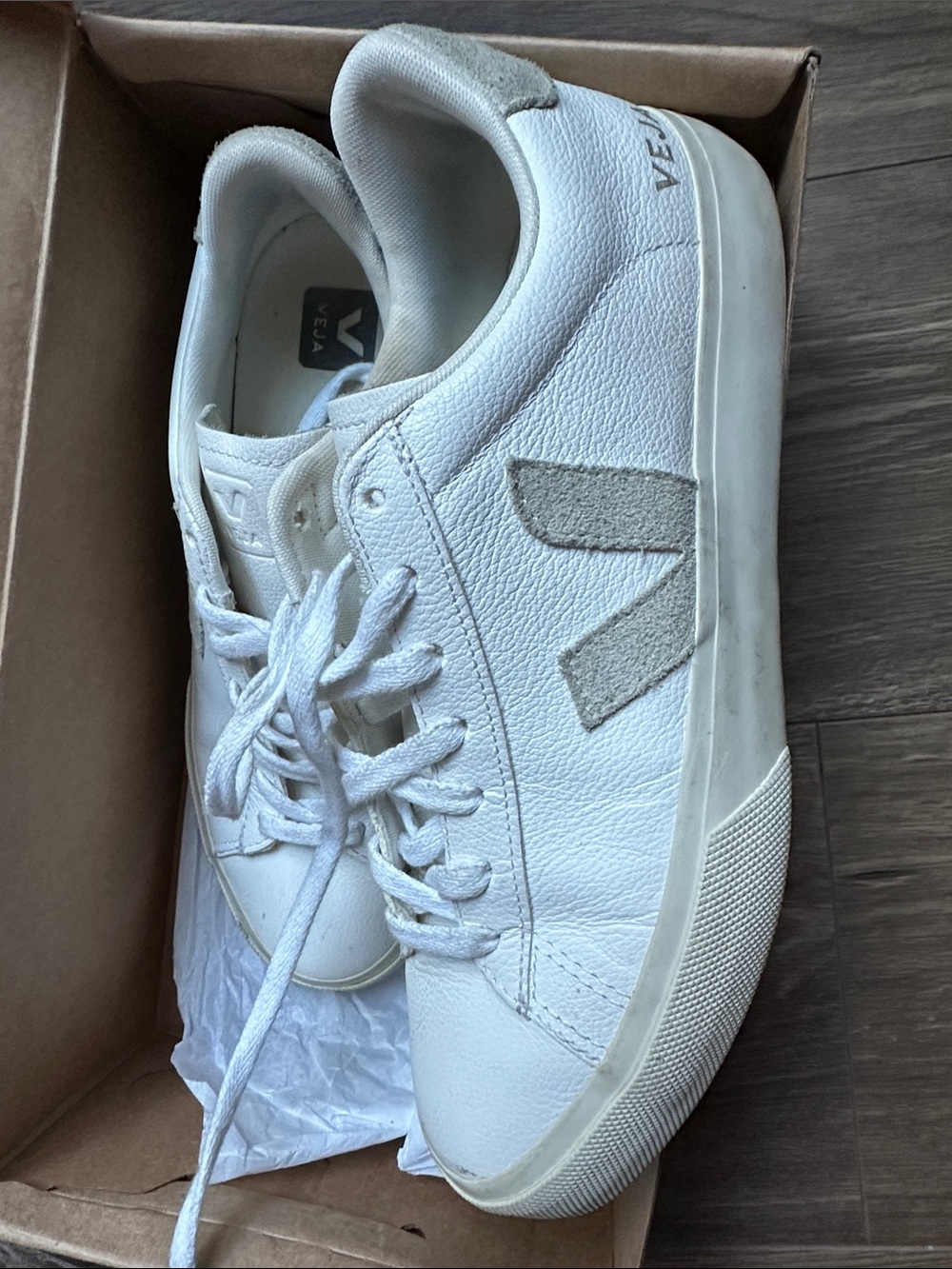 Veja Men's White Leather Sneakers with Light Gray V Logo
